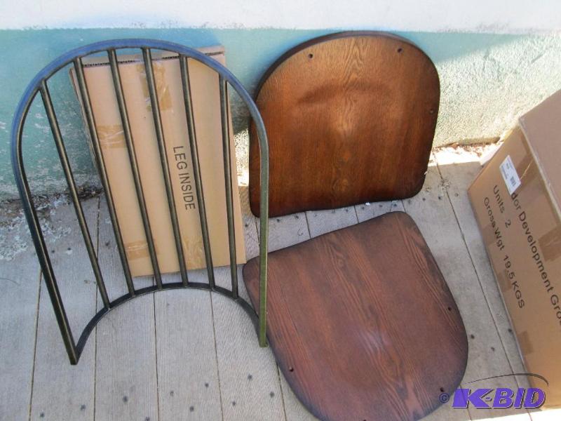 lot 201 image: 2 new, never assembled wood seat, metal back ...