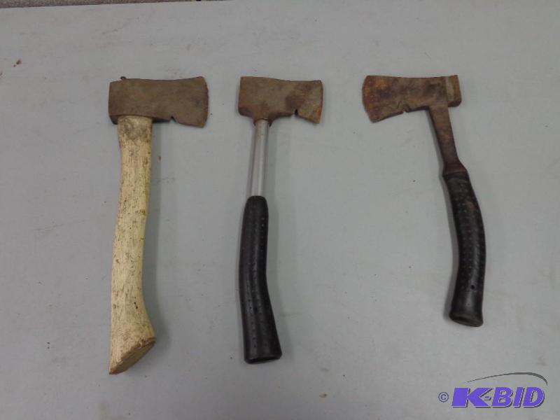 lot 81 image: 3 Hatchets (1) 10" Metal Handle 4.5"...