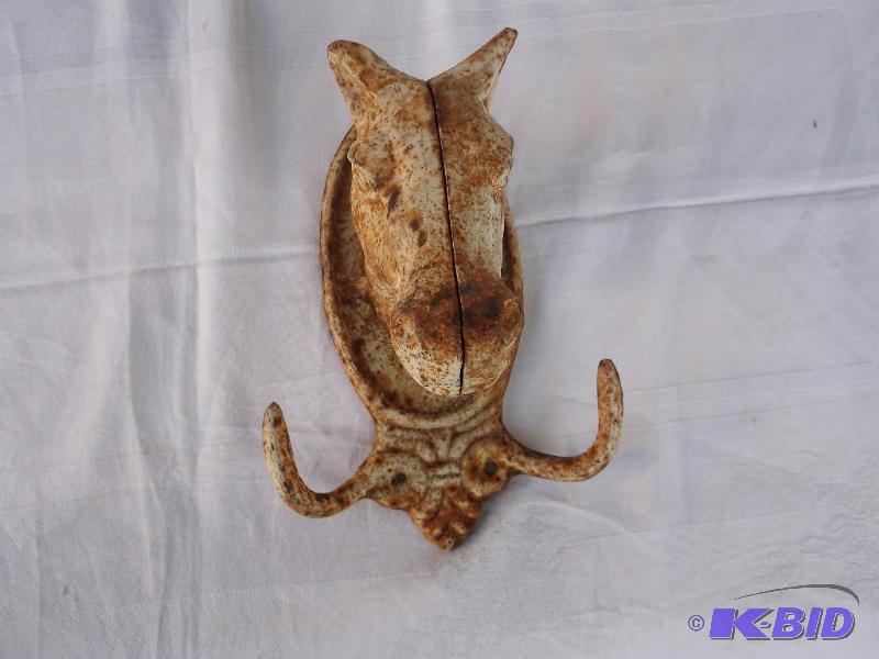 lot 30 image: Large vintage cast iron Horse head coat rack ...