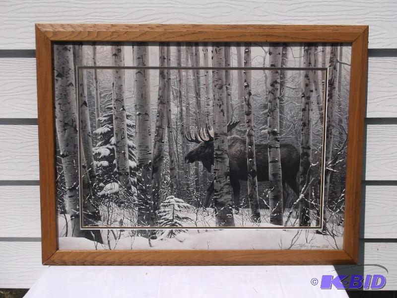 lot 51 image: Beautiful moose print in solid wood frame mea...