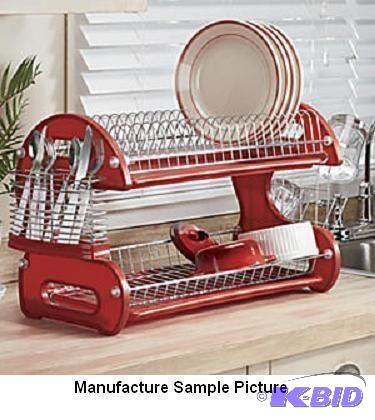 lot 74 image: Home Basics Two Tier Dish Drainer - Red and s...