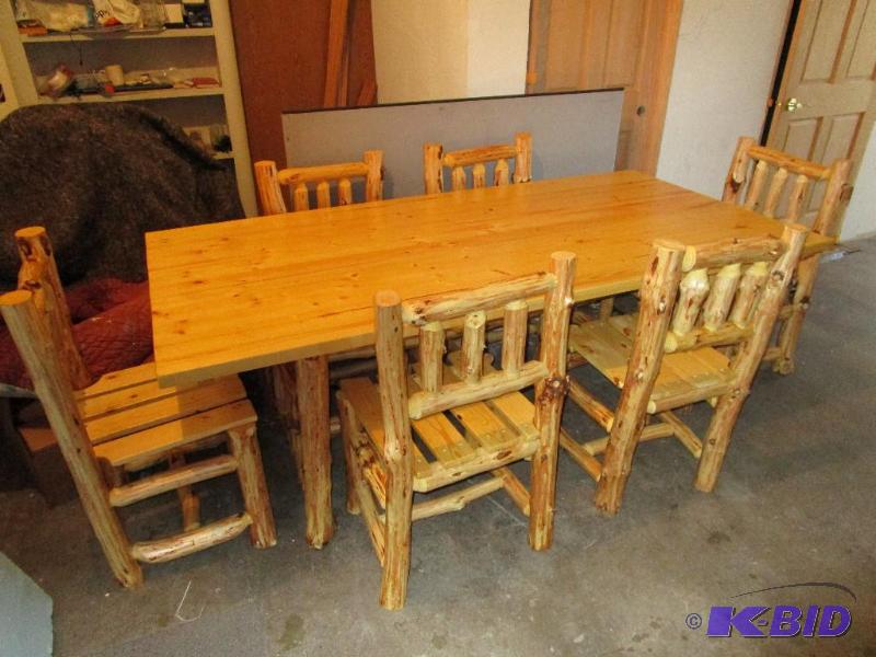 New locally made rustic log pine table and ch...
