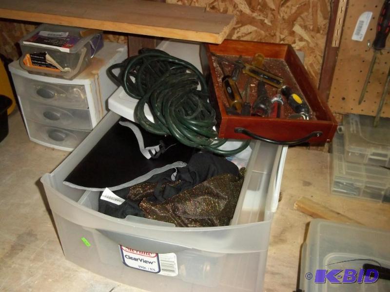 lot 179 image: extension cord, screwdrivers, in clear view sterilite drawer