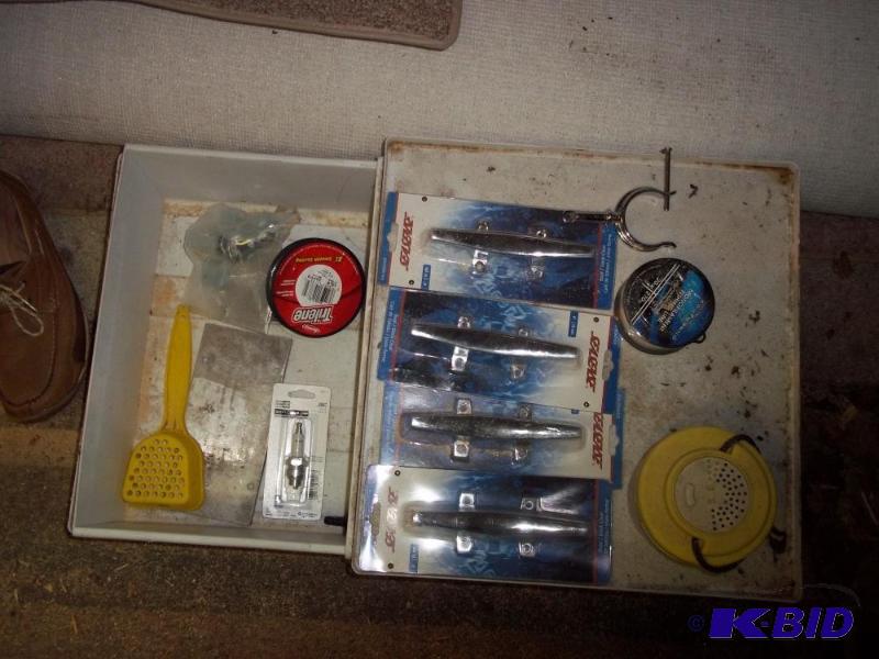 lot 190 image: storage box w 4 new boat cleats, misc fishing