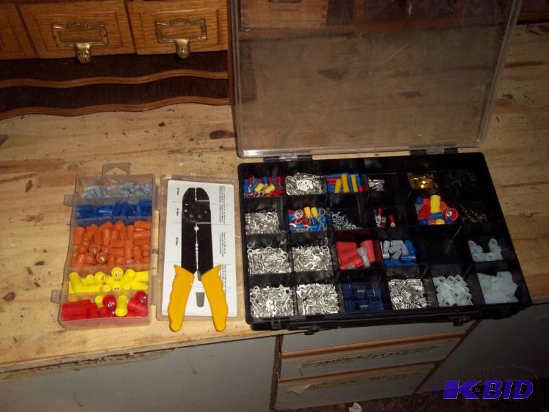 lot 200 image: trays full of wire, electrical connectors, electrical plyers