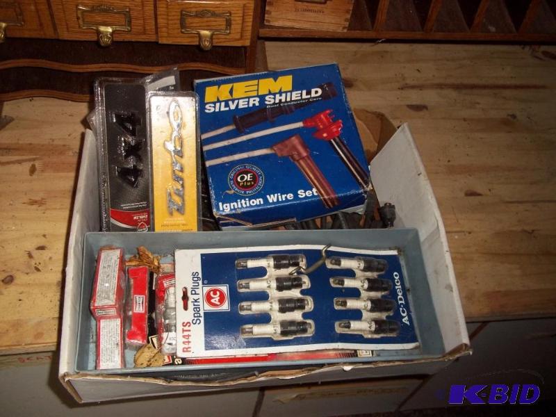 lot 203 image: misc box of automotive, spark plugs, spark plug wires