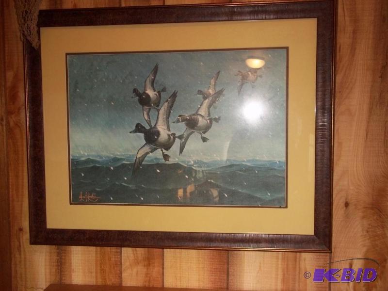 lot 351 image: Signed Canvas winter ducks painting