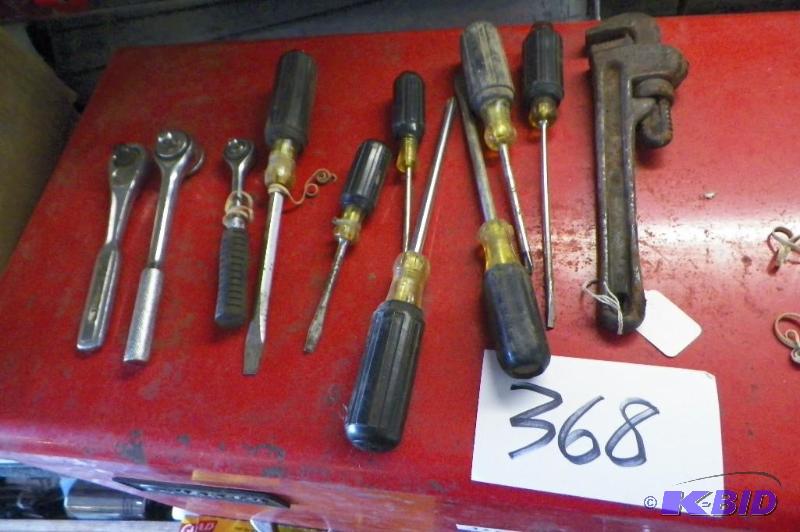 lot 369 image: 3 Socket Handles, Screwdrivers, & 1 Pipe Wrench
