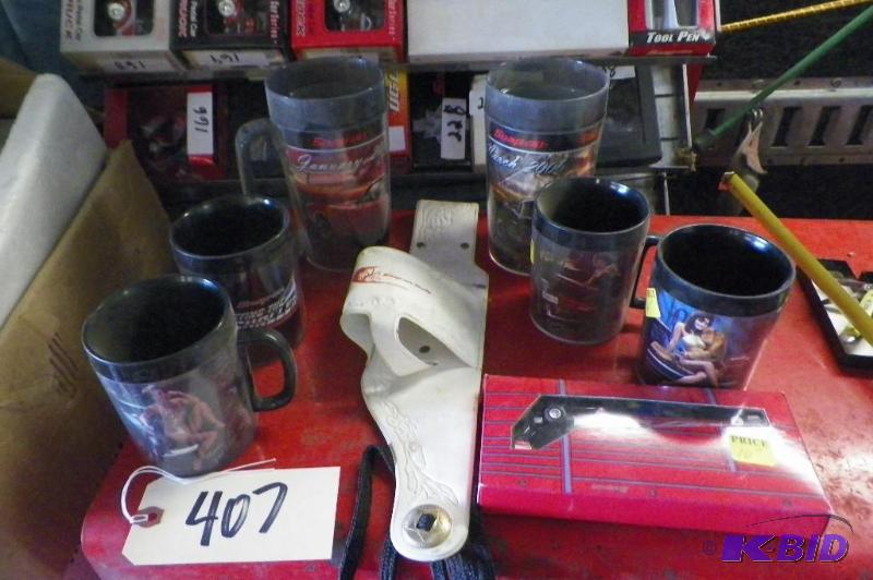 lot 407 image: Lot of Snap-on Fast Draw Beverage Holder, Mugs, & Dragster