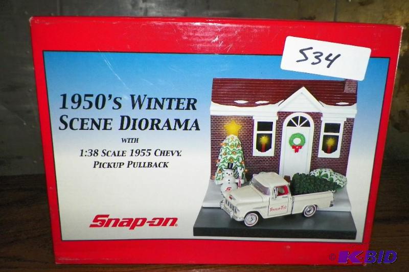 lot 534 image: Snap-on 1950s Winter Scene Diorama with 1955 Chevy Pickup Pullback