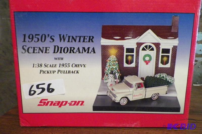 lot 656 image: 1950s Garage Diorama with 1955 Chevy Pickup Pullback