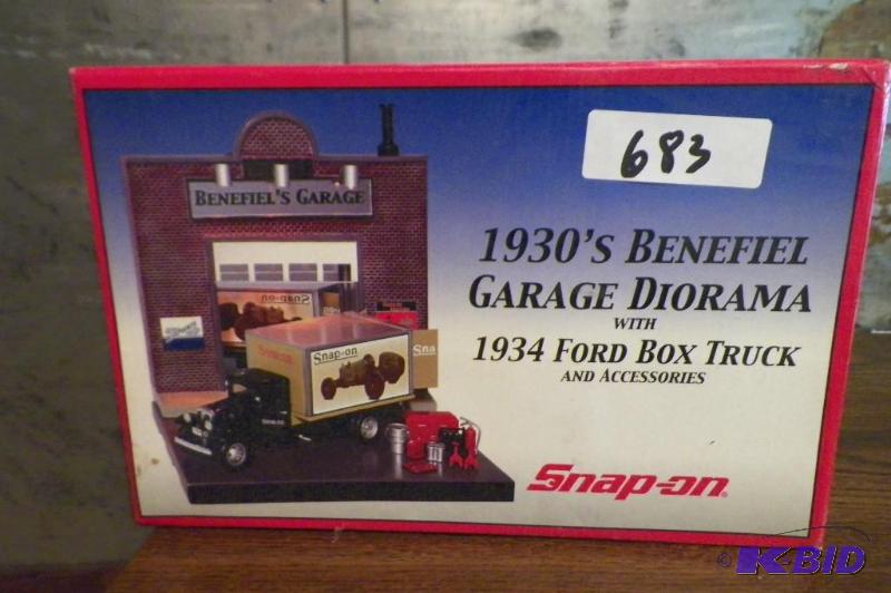 lot 683 image: Snap-on 1930s Benefiel Garage Diorama with 1934  Ford Box Truck and Accessories