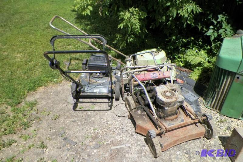 lot 990 image: Lot of 3 Lawn Mowers For Parts wGrass & Lawn Sweeper