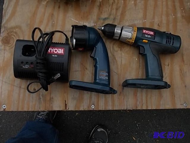 lot 15 image: Ryobi 18 V Cordless Drill, Light & Charge...
