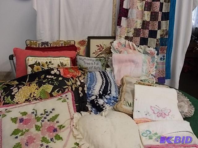 lot 57 image: Patchwork Quilt, Embroidered Pillow Cases, Af...