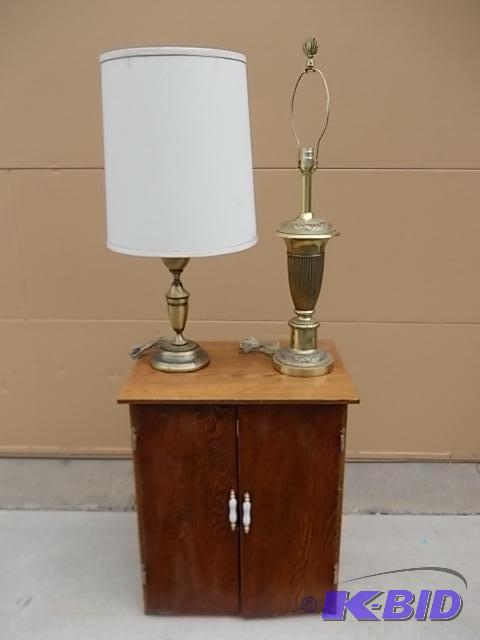 lot 6 image: 2-Door Cabinet (24x18x29 Tall), 2-Brass Lamps...