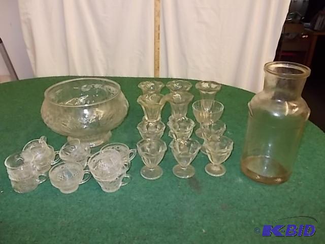 lot 71 image: Glass Punch Bowl With Cups, Large Glass Jug, ...