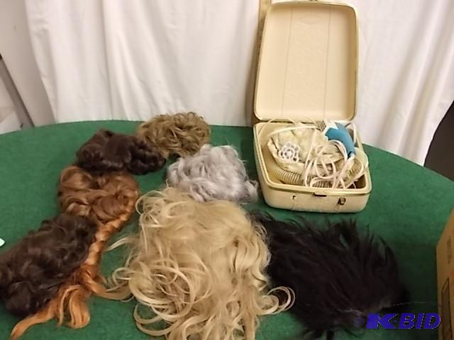lot 74 image: Vintage Hair Dryers & Assorted Wigs...