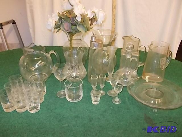 lot 81 image: Box Lot Of Decanters, Pitchers, Etched Glassw...