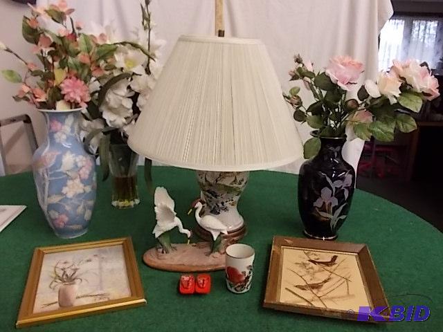 lot 9 image: Lot Of Asian Theme Decor Peacock Lamp, Vases...
