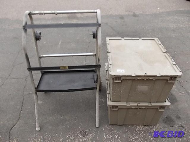 lot 26 image: 2-Shipping Bins & Rolling Frame For Tape ...