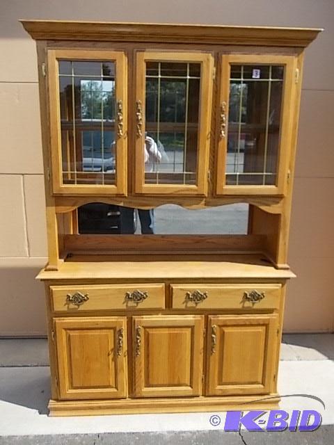 lot 3 image: 2-Piece Oak Hutch- Lighted,&nbspMirror Back ...
