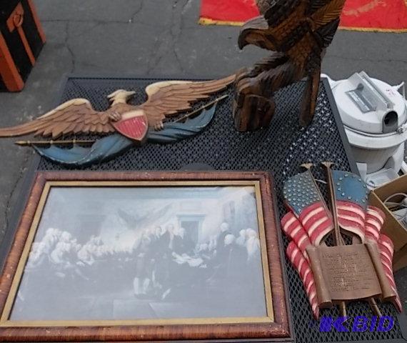 lot 38 image: Carvred Eagle, 2 Patriot Wall Plaques, Pictur...