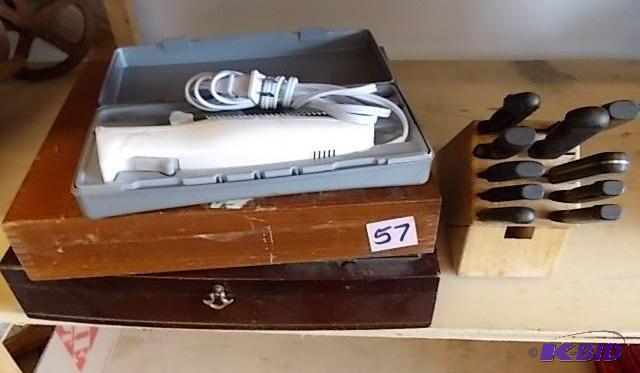 lot 57 image: 2 Wood Chests, Electric Knife, Wood Block Wit...