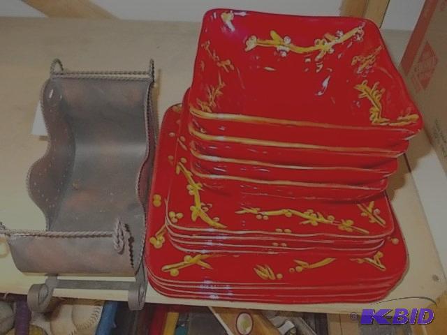 lot 63 image: Service for 4 Red Dishes & Metal Sleigh...