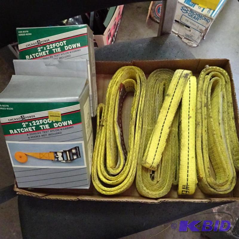 lot 155 image: liktins strap and 2 ratchet tie downs. 2"...