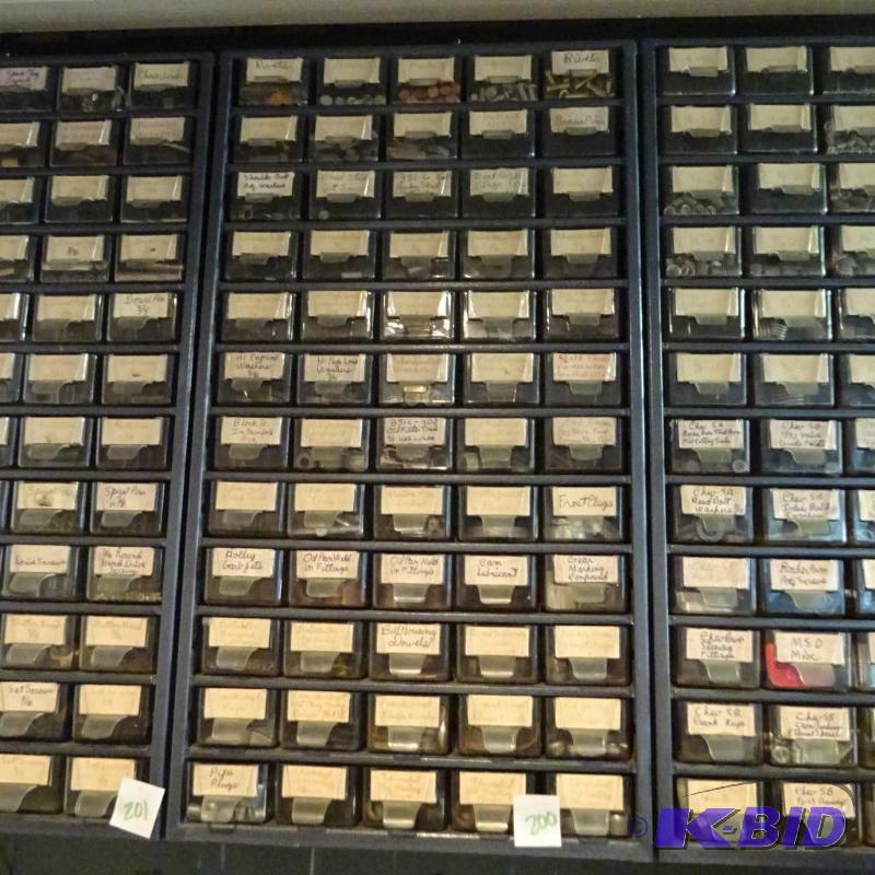 lot 200 image: 60 drawer unit with roll pins . Rivets, pipe ...