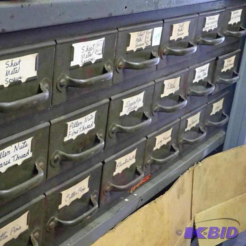 lot 270 image: 18 bin unit. Misc screws, studs, clamps and c...