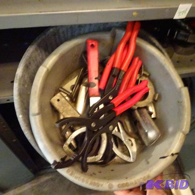 lot 274 image: Misc. funnels, oil filter wrenches, drain pan...
