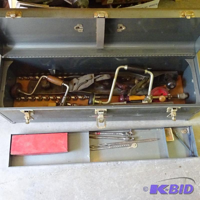 lot 47 image: Tool box filled with vintage wood working too...