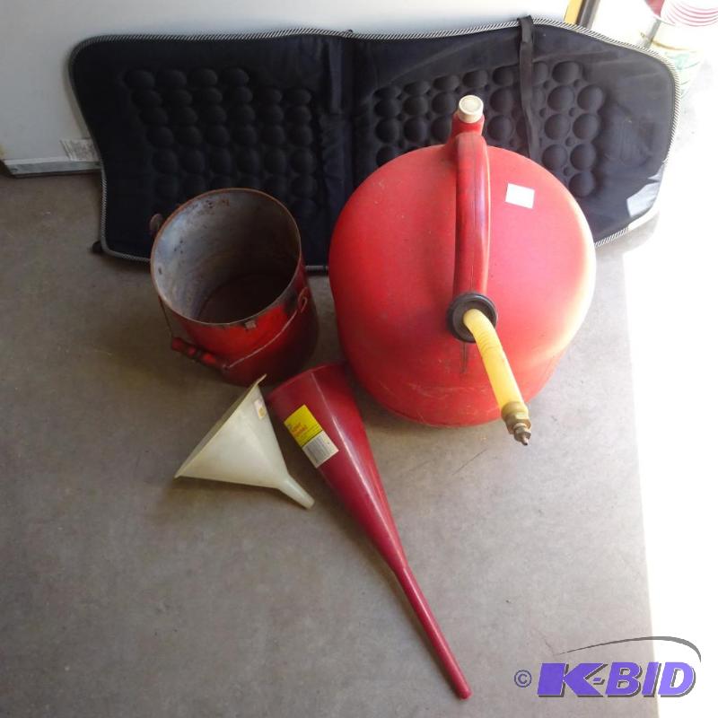 lot 65 image: metal bucket, 2 funnels, gas can with gas, ve...