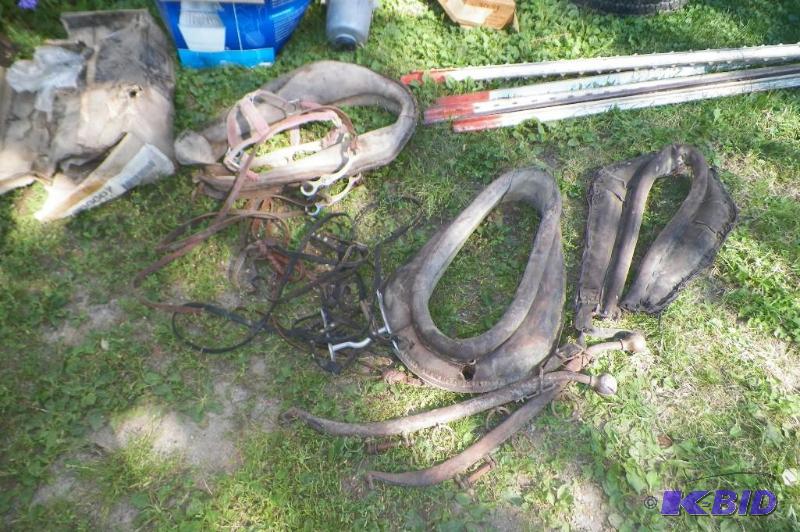 lot 2083 image: 3 Horse Collars, Bridles & More