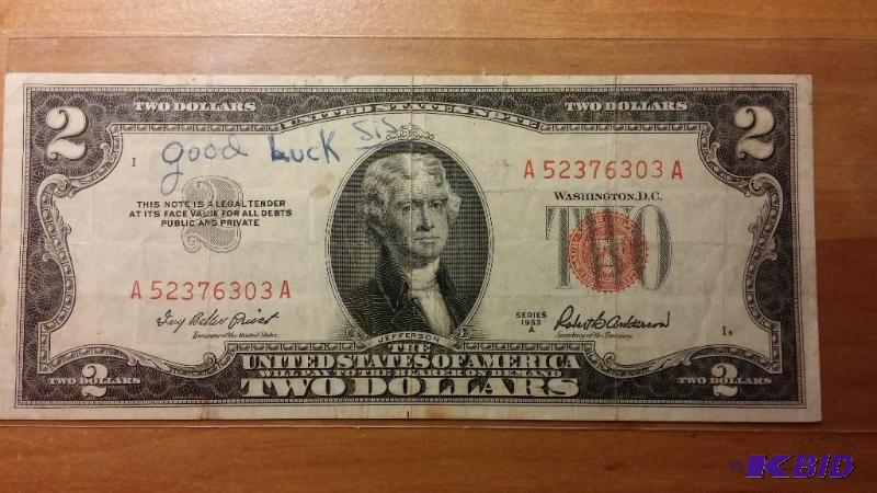 1953 US TWO DOLLAR NOTE RED SEAL...