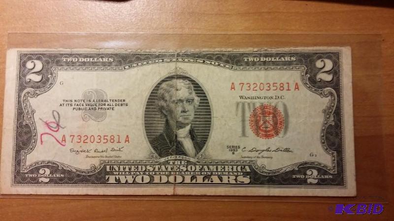 1953 US TWO DOLLAR NOTE RED SEAL...