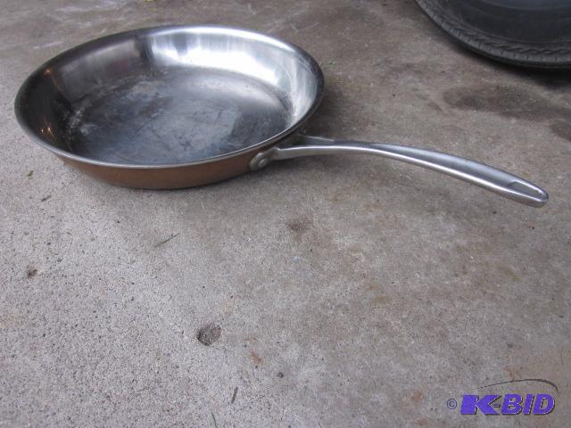 lot 136 image: Large copper Calphalon saute pan. ...