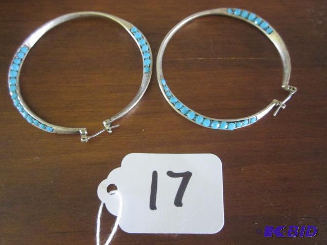 lot 17 image: Large sterling silver and turquoise hoop earr...