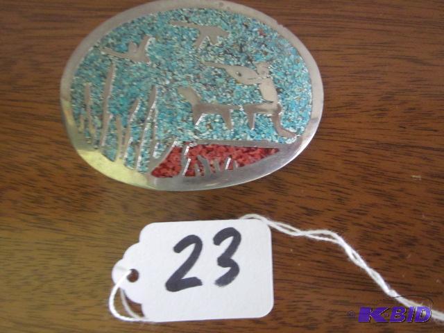 lot 23 image: Metal with red and blue stones hunting scene ...