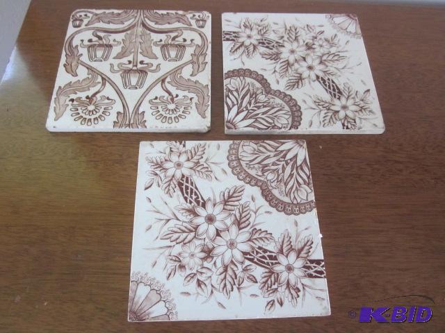 lot 54 image: (3) antique 1870s Malkin Transfer Ware tiles...