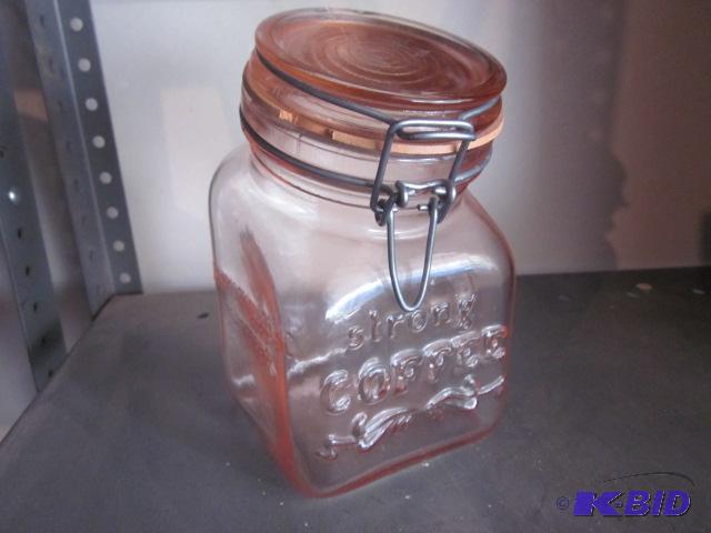 lot 96 image: Vintage pink glass Strong Coffee cannister wi...