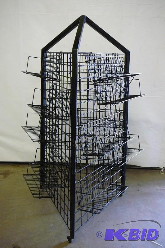 3 sided metal display rack on casters with ba...
