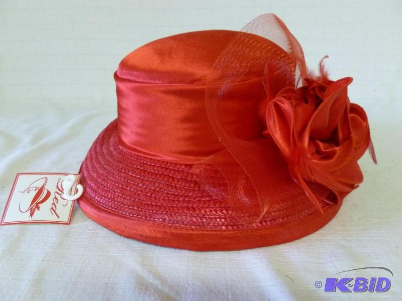 lot 150 image: Red satin flower ladies hat, brand new with t...
