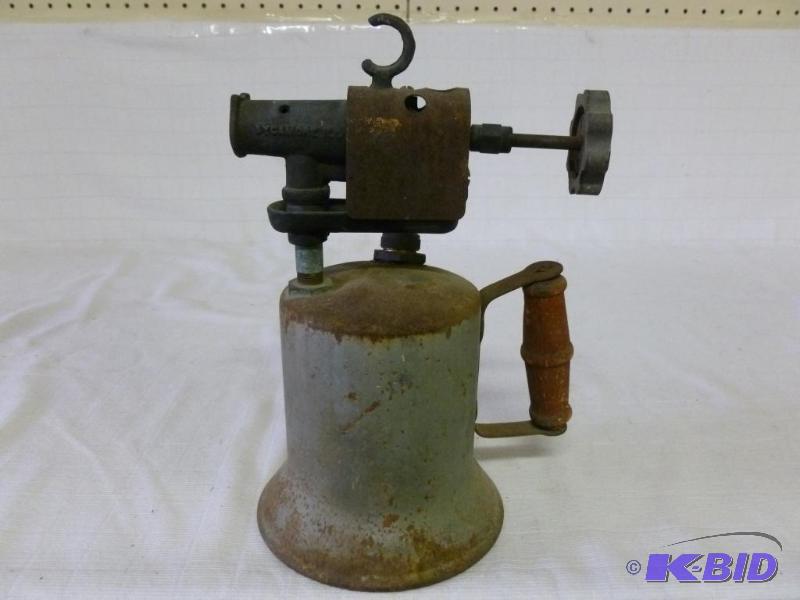 lot 35 image: Vintage red wood handled blow torch, appears ...