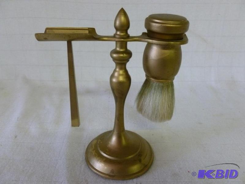 lot 66 image: Vintage cast brass shaver and powder brush de...