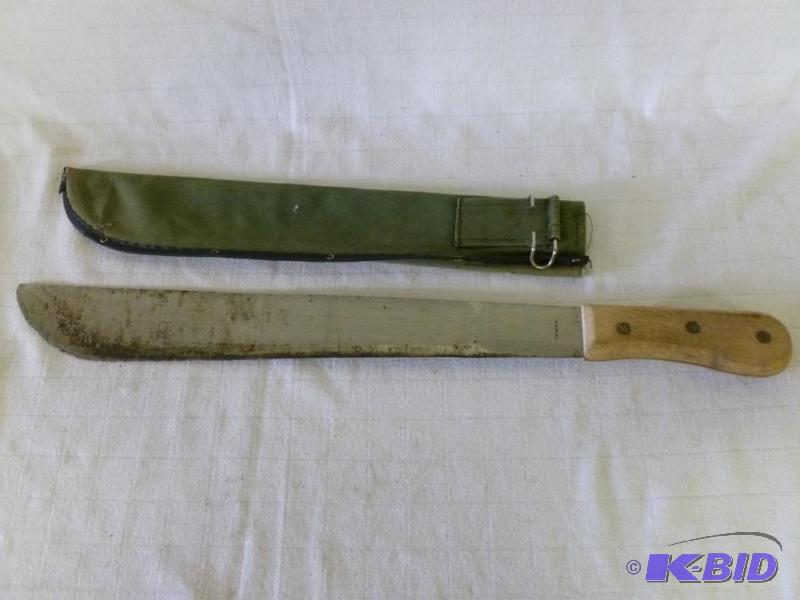 lot 71 image: Large wood handled machete knife with sheath ...