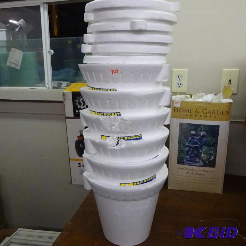 lot 268 image: Qty 6 New Jumbo Styrofoam Bait Buckets with l...