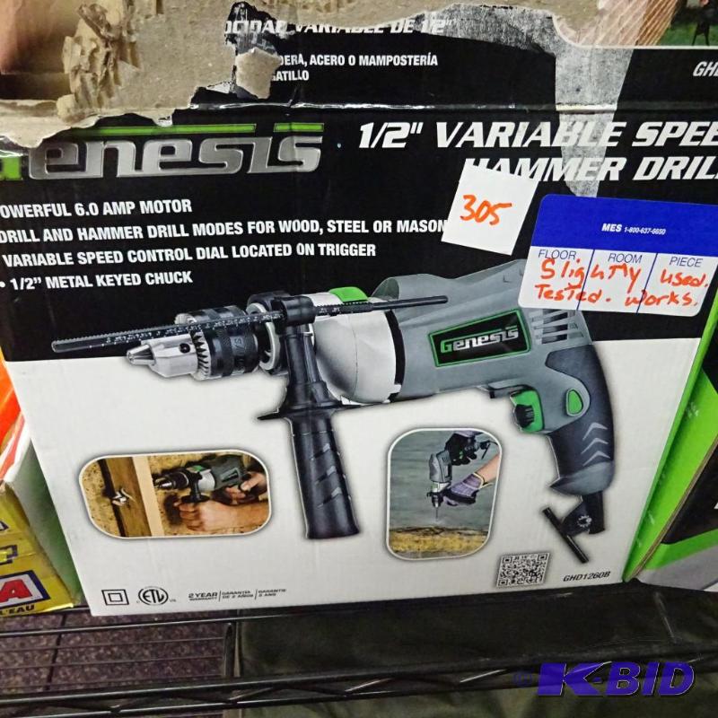 lot 305 image: Genesis 1  2 in Variable Speed Hammer Drill....